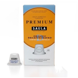 Box of 10 Compostable capsules with decaffeinated organic coffee. Nespresso® Compatible