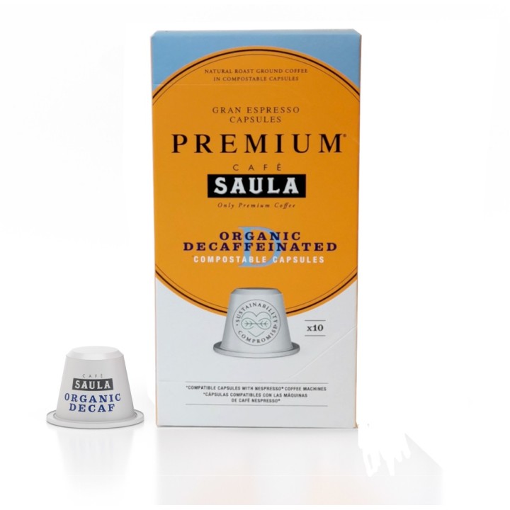 Box of 10 Compostable capsules with decaffeinated organic coffee. Nespresso® Compatible